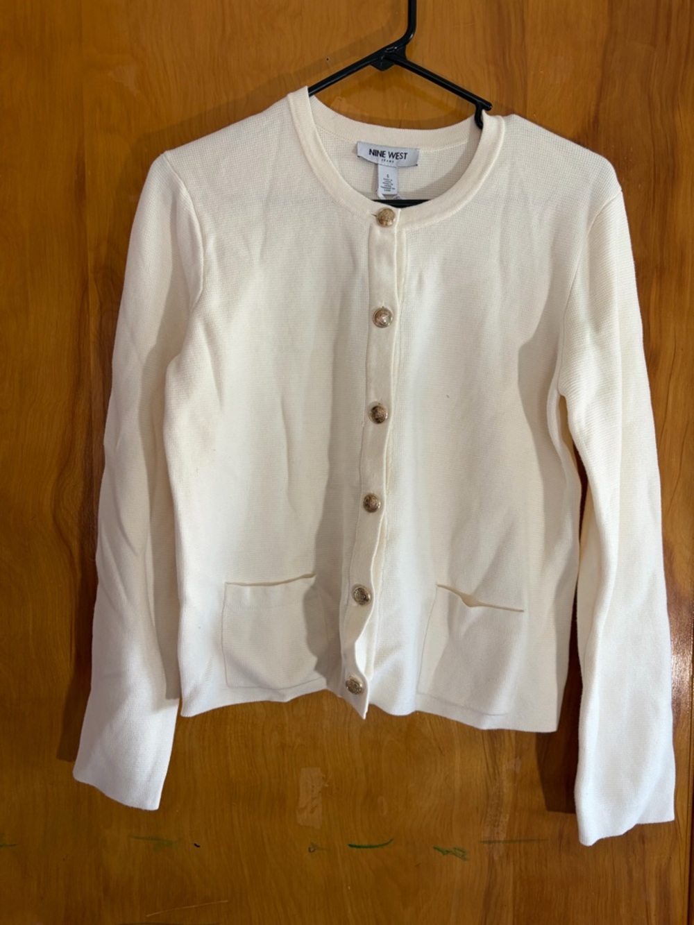 Nine West Cream Round-Neck Cardigan with Decorative Gold Button